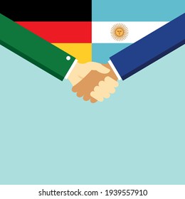 The handshake and two flags German and Argentina. Flat style vector illustration.
