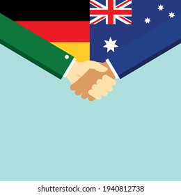 The handshake and two flags German and Australia. Flat style vector illustration.