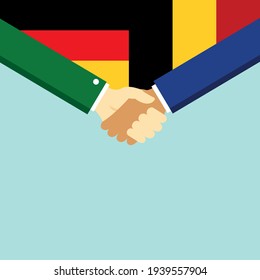The handshake and two flags German and Belgium. Flat style vector illustration.
