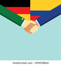 The handshake and two flags German and Colombia. Flat style vector illustration.
