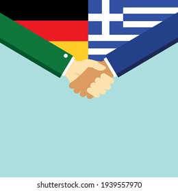 Der Handschlag und zwei Flaggen Deutsch und Griechenland. Flache Vektorgrafik.
