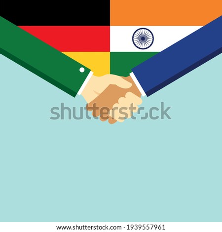 The handshake and two flags German and India. Flat style vector illustration.
