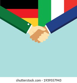 The handshake and two flags German and Italy. Flat style vector illustration.

