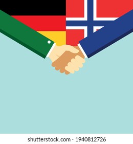 The handshake and two flags German and Norway. Flat style vector illustration.