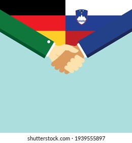 Der Handschlag und zwei Flaggen Deutsch und Slowenien. Flache Vektorgrafik.
