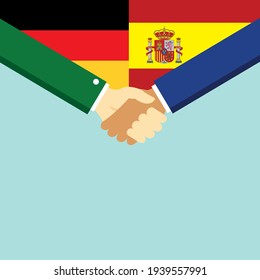 The handshake and two flags German and Spain. Flat style vector illustration.
