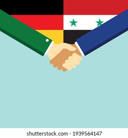 The handshake and two flags German and Syria. Flat style vector illustration.
