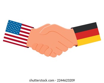 Handshake and two flags Germany and USA.Diplomats of United States and Germany business agreement handshake.Diplomacy between countries.Vector flat illustration.