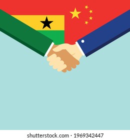 The handshake and two flags Ghana and China. Flat style vector illustration.