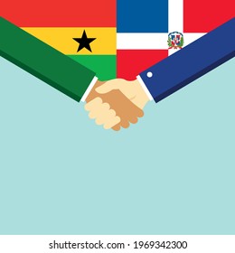 The handshake and two flags Ghana and Dominican Republic. Flat style vector illustration.