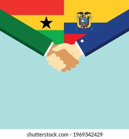 The handshake and two flags Ghana and Ecuador. Flat style vector illustration.