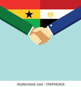The handshake and two flags Ghana and Egypt. Flat style vector illustration.