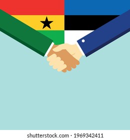 El apretón de manos y dos banderas: Ghana y Estonia. Ilustración vectorial de estilo plano.