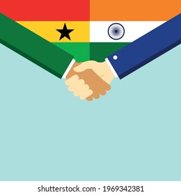 The handshake and two flags Ghana and India. Flat style vector illustration.
