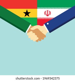 The handshake and two flags Ghana and Iran. Flat style vector illustration.