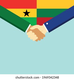 El apretón de manos y dos banderas: Ghana y Lituania. Ilustración vectorial de estilo plano.