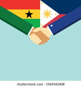 El apretón de manos y dos banderas son Ghana y Filipinas. Ilustración vectorial de estilo plano.