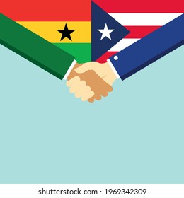 The handshake and two flags Ghana and Puerto Rico. Flat style vector illustration.