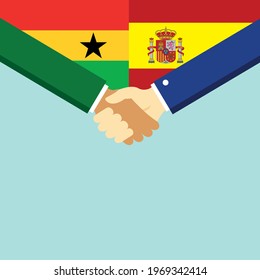 The handshake and two flags Ghana and Spain. Flat style vector illustration.