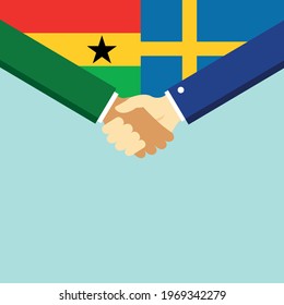 The handshake and two flags Ghana and Sweden. Flat style vector illustration.