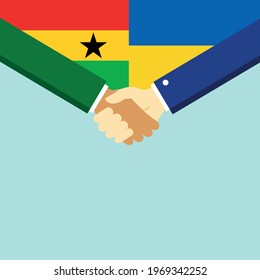 El apretón de manos y dos banderas: Ghana y Ucrania. Ilustración vectorial de estilo plano.