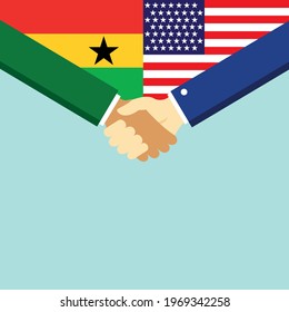 The handshake and two flags Ghana and USA. Flat style vector illustration.
