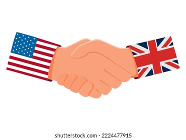 Handshake and two flags Great britain and USA.Diplomats of United States and England business agreement handshake.Diplomacy between countries.Vector flat illustration.