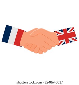 Handshake and two flags Great britain and France.Diplomats of France and England business agreement handshake.Diplomacy between countries.Vector flat illustration.