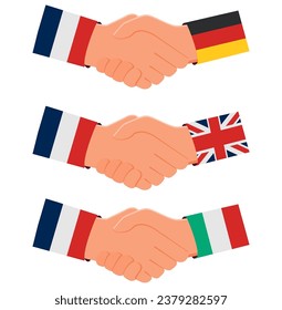 Handshake and two flags Great britain and France.Diplomats of France and England business agreement handshake.Diplomacy between countries.Teamwork Italy and Germany.European Unity diplomacy.