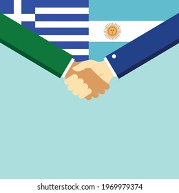 The handshake and two flags Greece and Argentina. Flat style vector illustration.