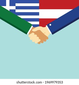 The handshake and two flags Greece and Austria. Flat style vector illustration.