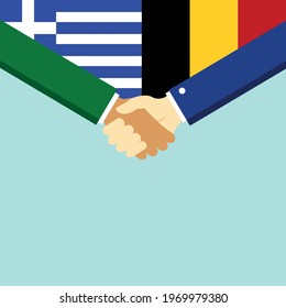 The handshake and two flags Greece and Belgium. Flat style vector illustration.