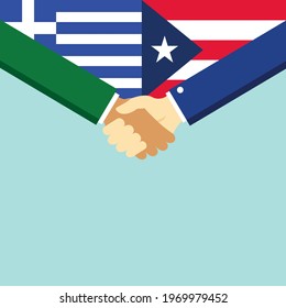 The handshake and two flags Greece and Canada. Flat style vector illustration.