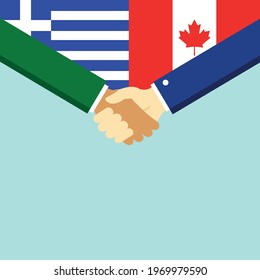The handshake and two flags Greece and Canada. Flat style vector illustration.