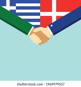 The handshake and two flags Greece and Denmark. Flat style vector illustration.