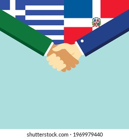 The handshake and two flags Greece and Dominican Republic. Flat style vector illustration.