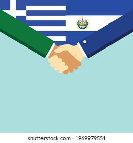 The handshake and two flags Greece and El Salvador. Flat style vector illustration.