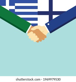 The handshake and two flags Greece and Finland. Flat style vector illustration.