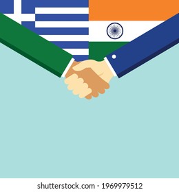 The handshake and two flags Greece and India. Flat style vector illustration.
