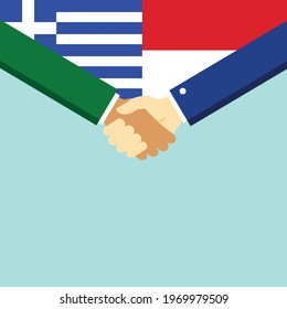 The handshake and two flags Greece and Indonesia. Flat style vector illustration.