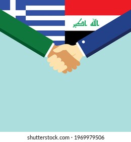 The handshake and two flags Greece and Iraq. Flat style vector illustration.