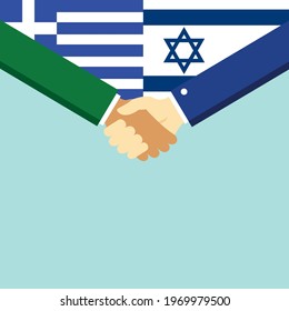 The handshake and two flags Greece and Israel. Flat style vector illustration.