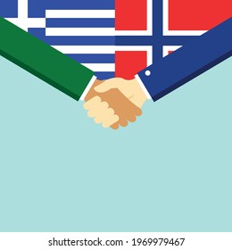 The handshake and two flags Greece and Norway. Flat style vector illustration.