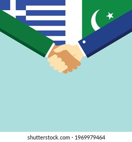 The handshake and two flags Greece and Pakistan. Flat style vector illustration.