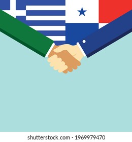 The handshake and two flags Greece and Panama. Flat style vector illustration.