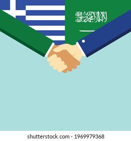 The handshake and two flags Greece and Saudi Arabia. Flat style vector illustration.