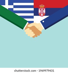 The handshake and two flags Greece and Serbia. Flat style vector illustration.