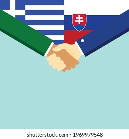 The handshake and two flags Greece and Slovakia. Flat style vector illustration.