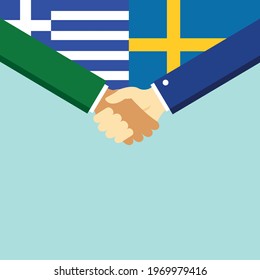 The handshake and two flags Greece and Sweden. Flat style vector illustration.