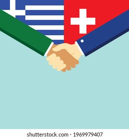 The handshake and two flags Greece and Switzerland. Flat style vector illustration.